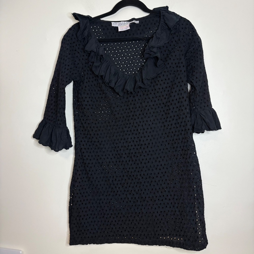 Gretchen‎ Scott Designs Black Eyelet Ruffle V Neck 3/4 Sleeve Dress Size S